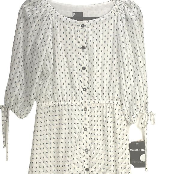 Maison Tara Wm’s Sz 4 White Blue Polka Dot Motif Jewel Neckline A Line Dress - Picture 3 of 7